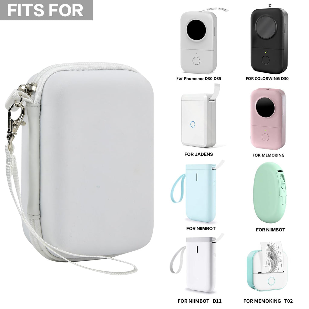 White label maker case shown with several compatible for Phomemo and for NIIMBOT mini printers