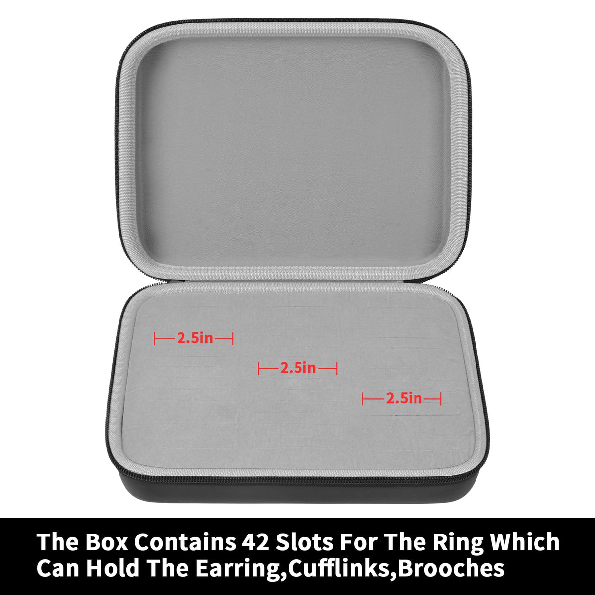 Open gray jewelry organizer showing 42 padded slots for rings and small accessories