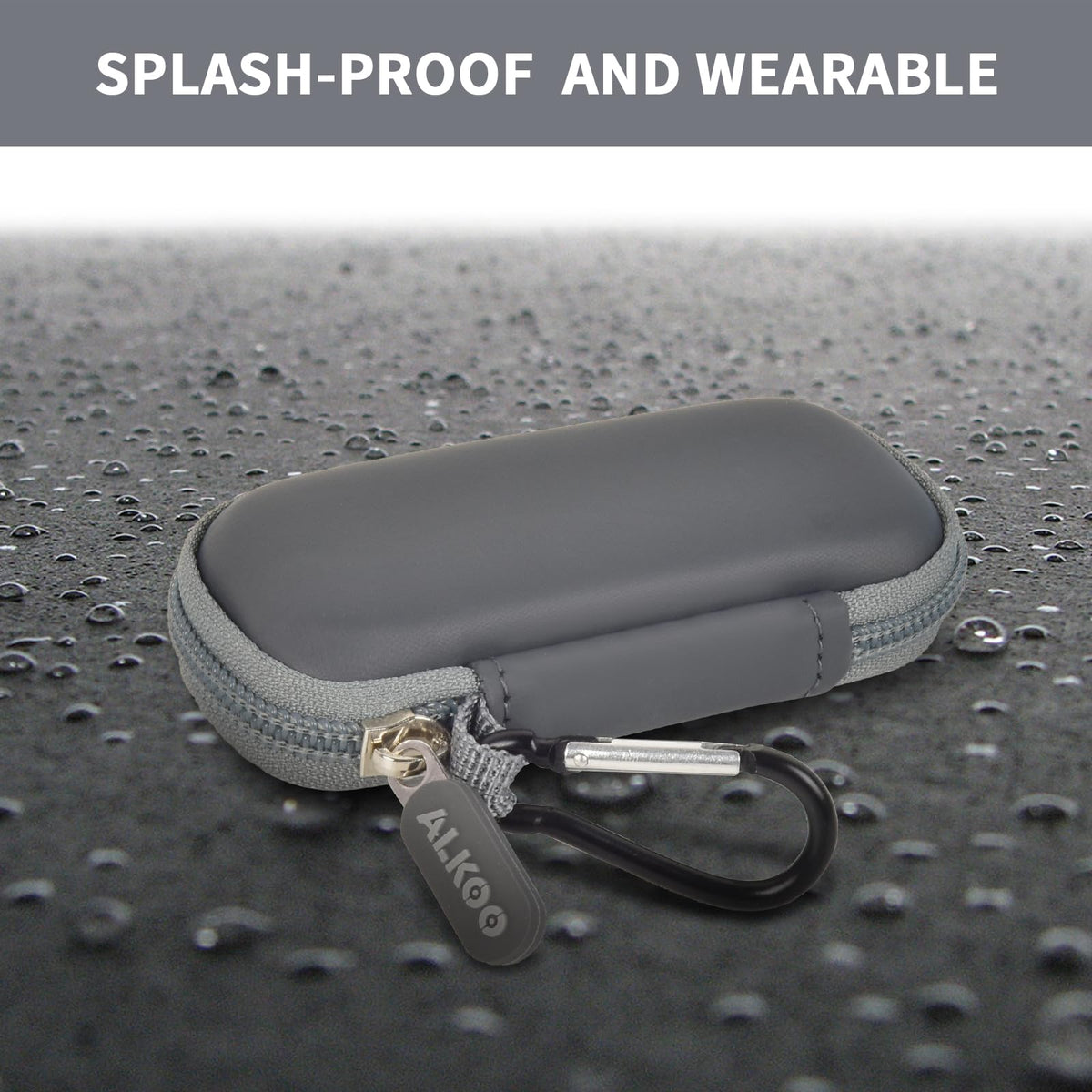 Dark gray USB flash drive and SD card storage case splash-resistant exterior demonstration