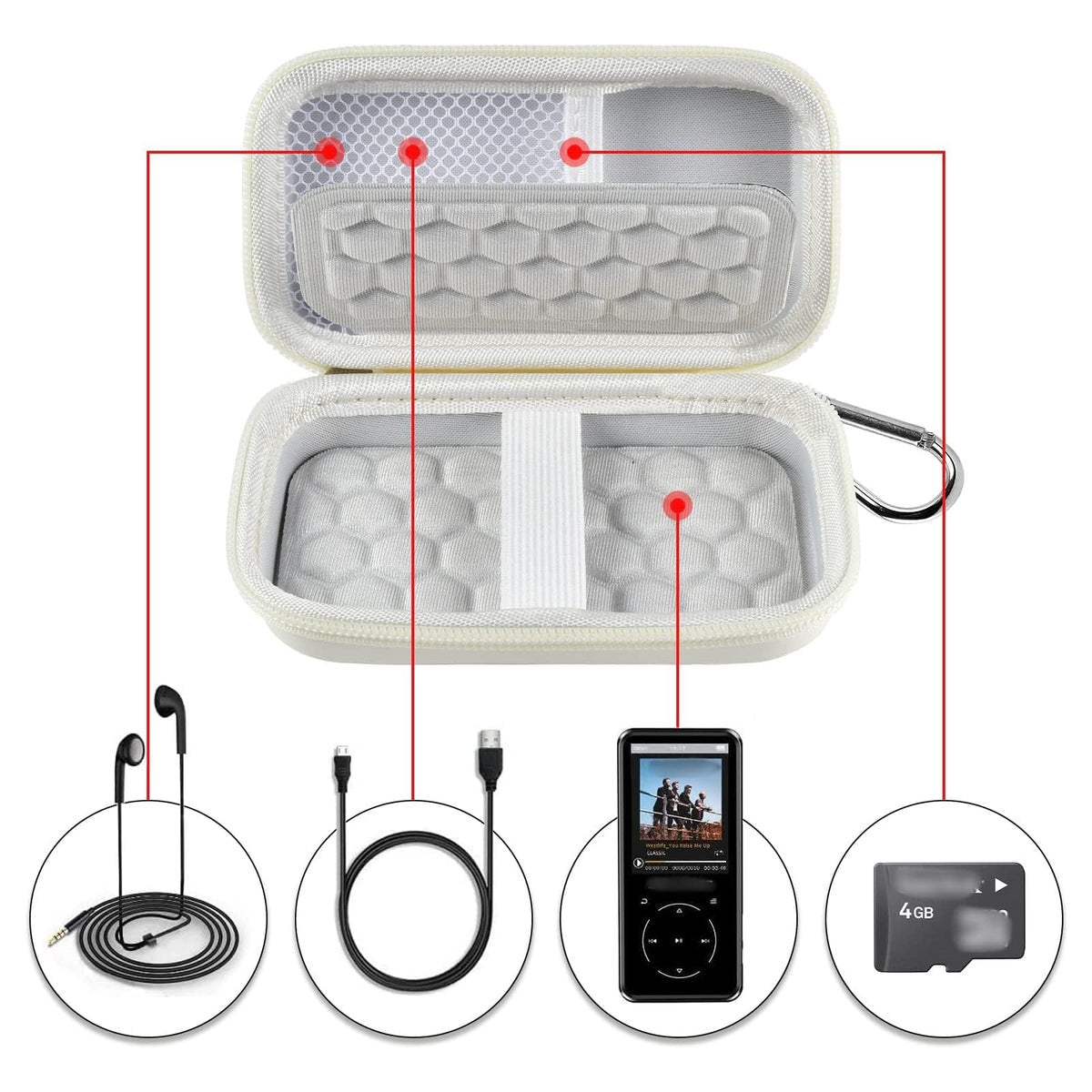 Open white MP3 and MP4 player case with molded padding, mesh pocket, and elastic straps