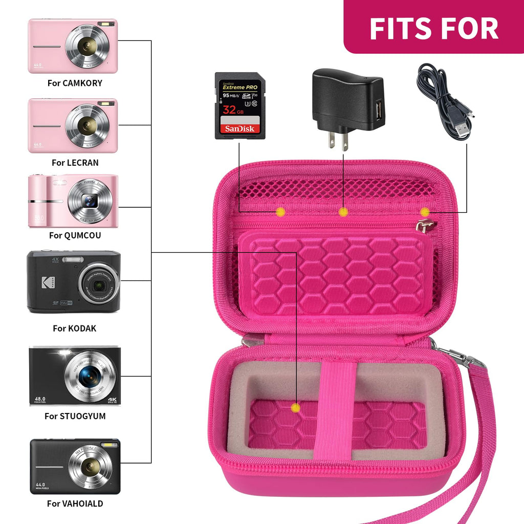 Open magenta compact camera case shown with compatible for Kodak, for Canon, and for Sony cameras