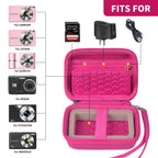 Open magenta compact camera case shown with compatible for Kodak, for Canon, and for Sony cameras