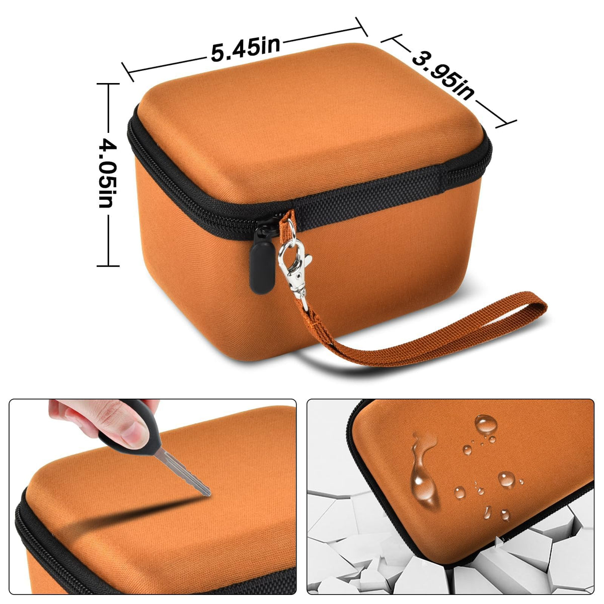 Orange camera case dimensions with scratch, impact, and water-resistant protection