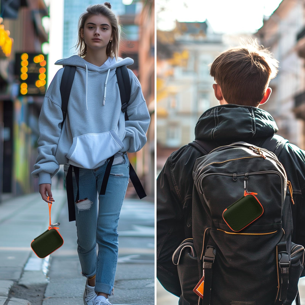 Dark green and orange for JBL Go speaker case carried by hand and attached to a backpack