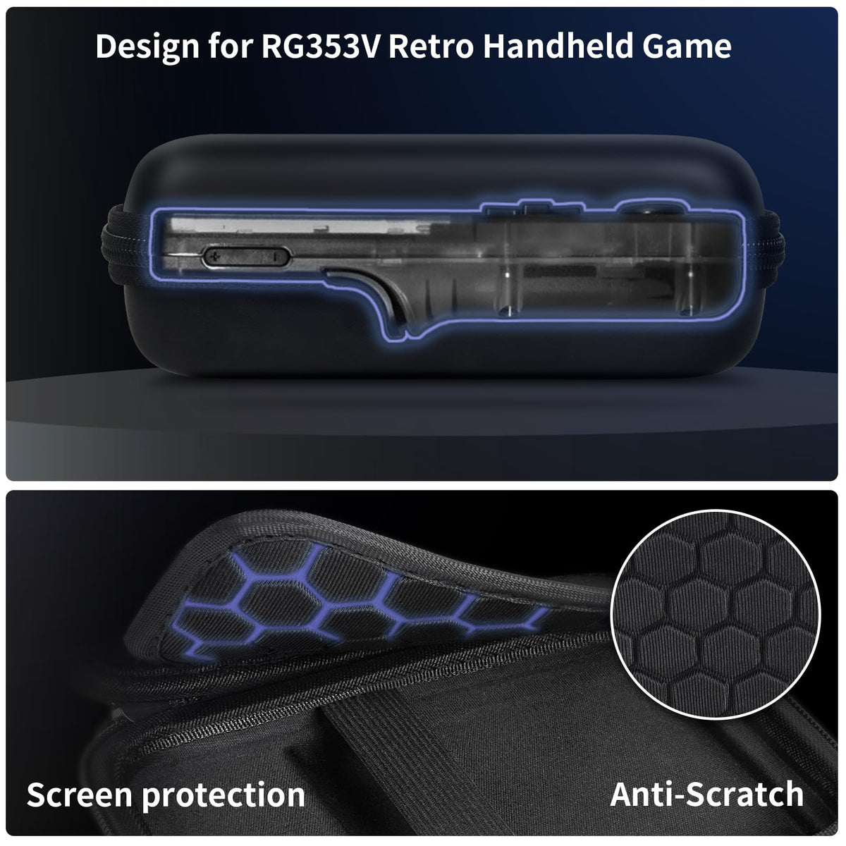 Black retro handheld console carrying case protective molded shell and scratch-resistant lining detail