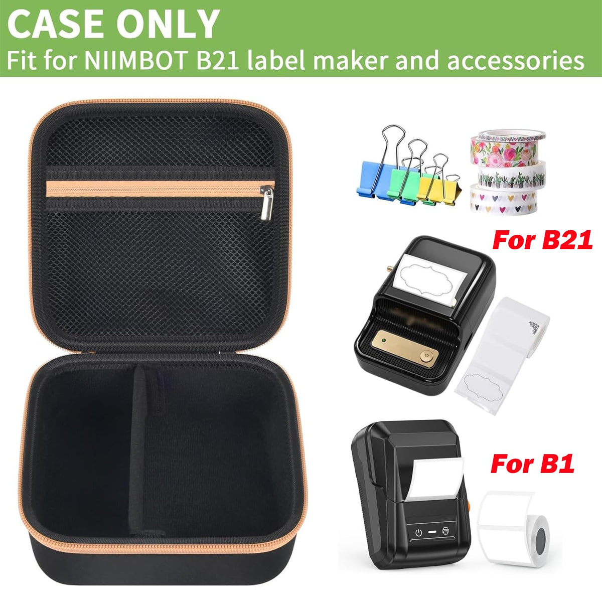 Open black and tan for NIIMBOT B21 and B1 label maker case with mesh pocket and divided interior; case only