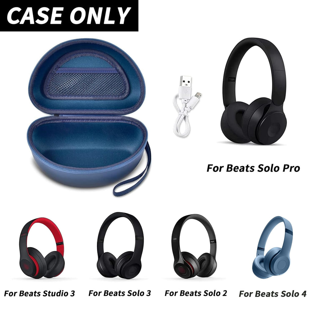 Open navy blue foldable headphone case shown with compatible for Beats Solo and Studio headphones; case only