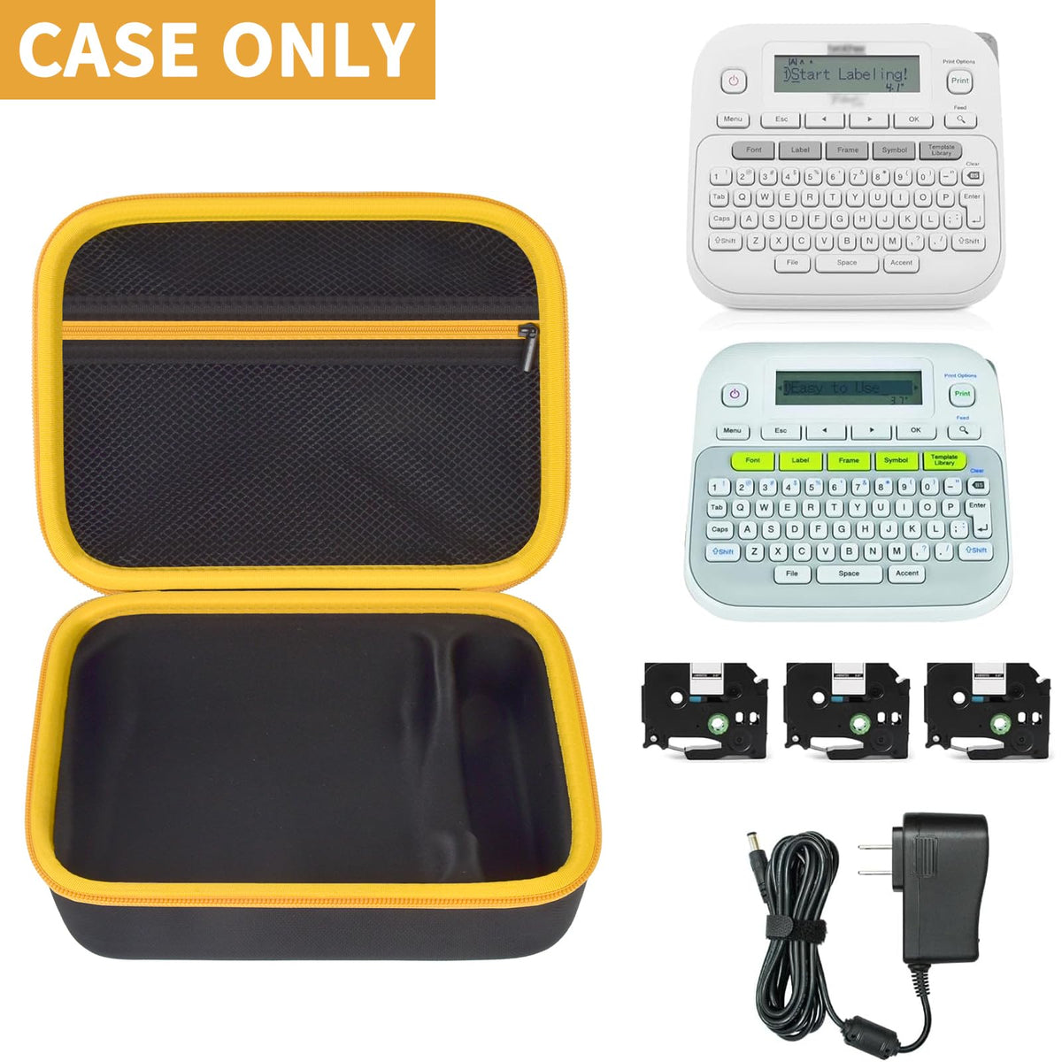 Open black and yellow for P-touch label maker case with mesh pocket; case only