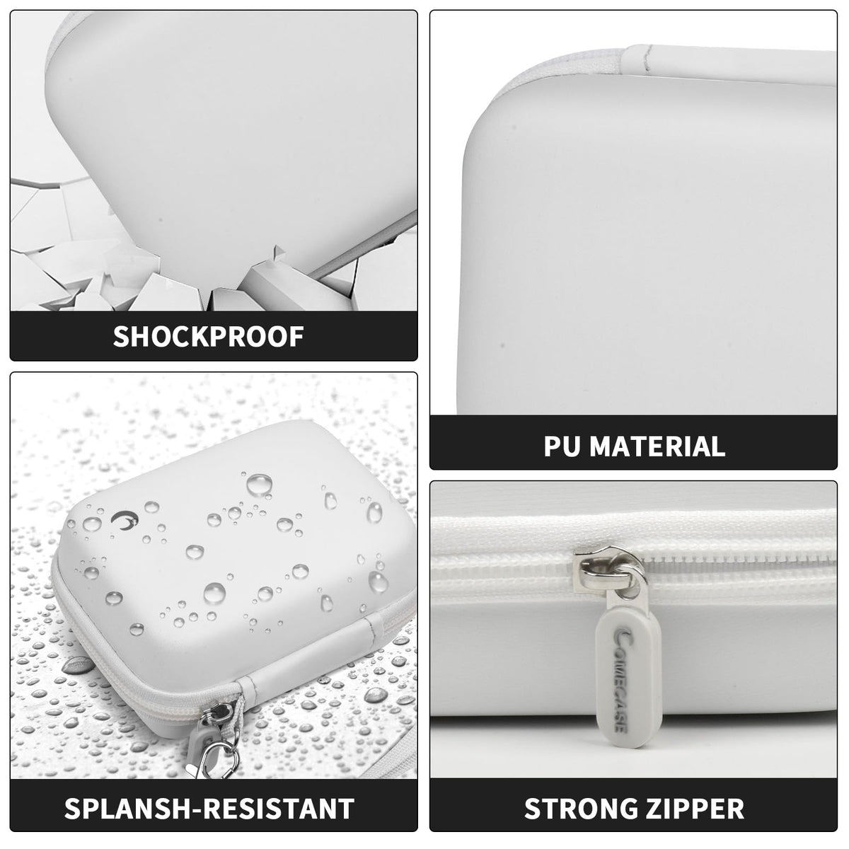 White camera case with shockproof PU shell, splash resistance, and strong zipper