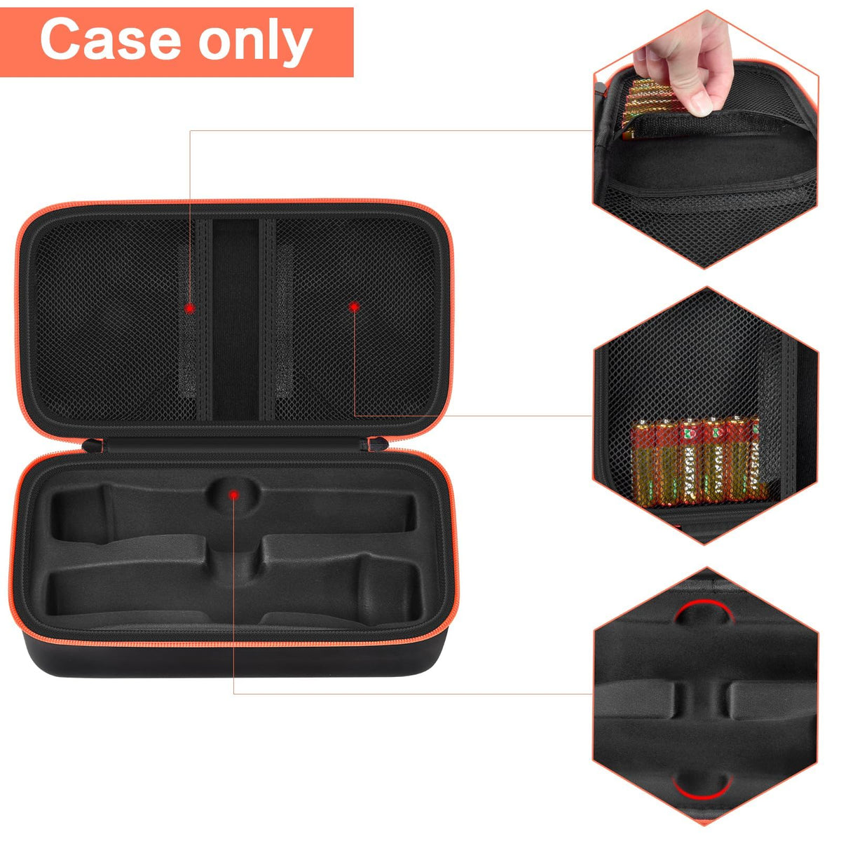 Open black and orange microphone organizer showing mesh pockets and molded dual-mic compartments; case only