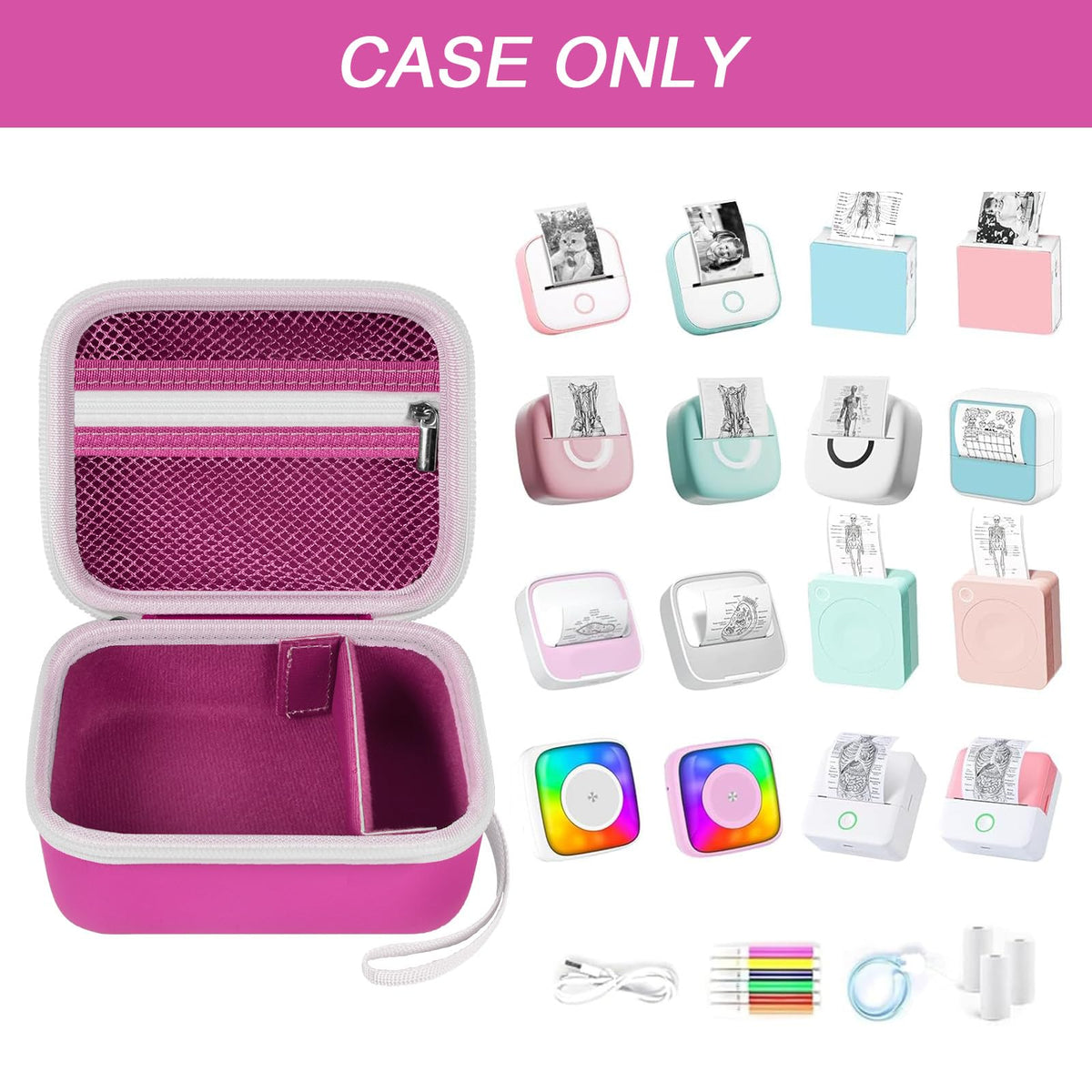 Open magenta mini label printer case shown with compatible for Memoking and for Phomemo printers; case only