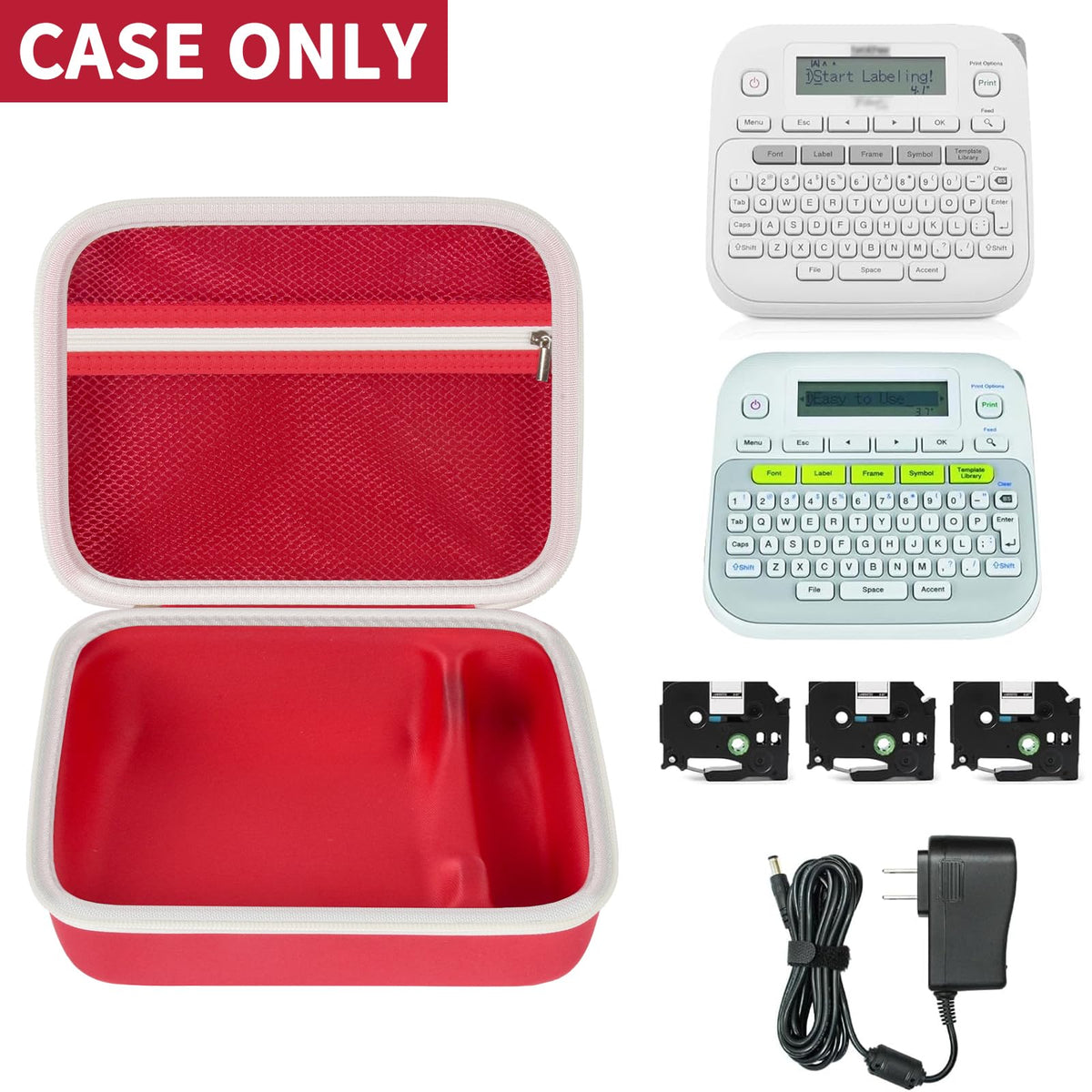 Open red and white for P-touch label maker case with mesh pocket; case only