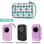 Teal houndstooth case shown with compatible for Phomemo and for Memoking mini printers