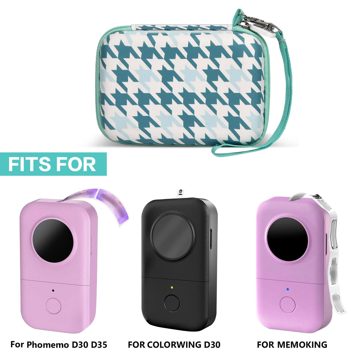 Teal houndstooth case shown with compatible for Phomemo and for Memoking mini printers