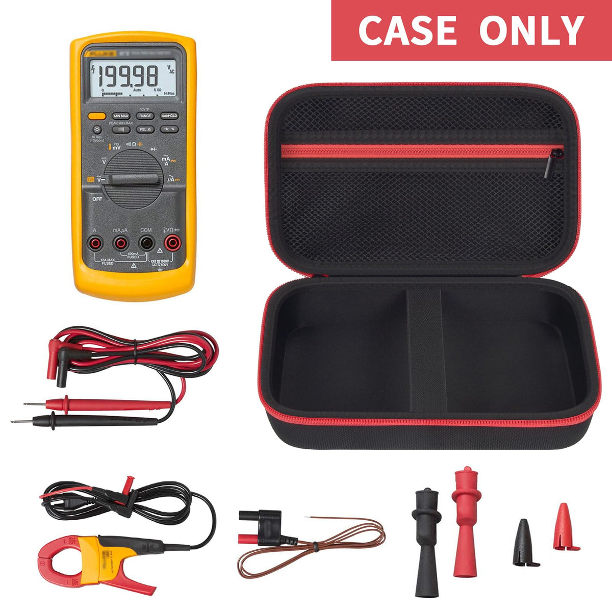 Open black and red multimeter case with mesh pocket, test leads, probes, and accessories; case only