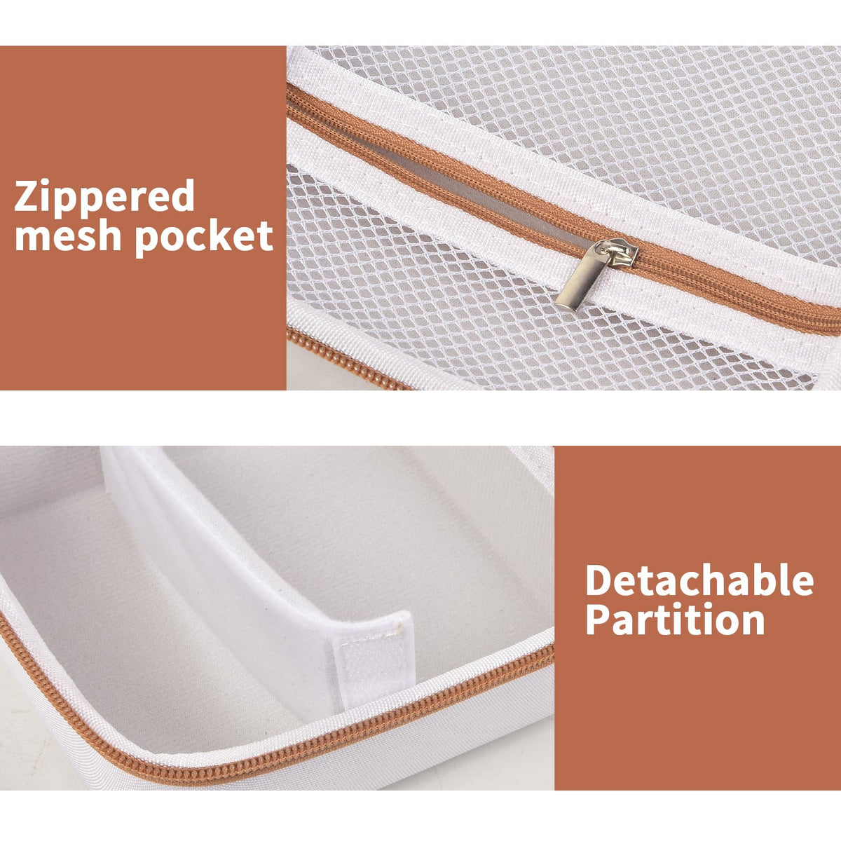 White and tan label maker case interior with zippered mesh pocket and removable partition