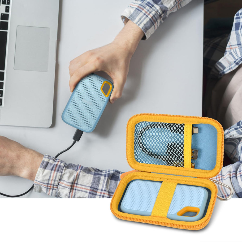 Open blue and yellow SSD organizer beside a for SanDisk drive connected to a laptop