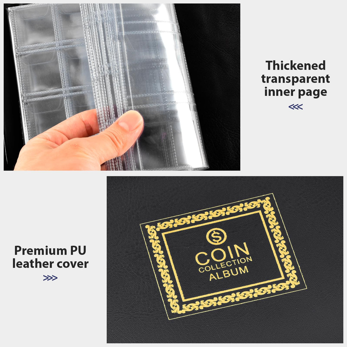 Black coin album with thick transparent pages and premium PU leather cover