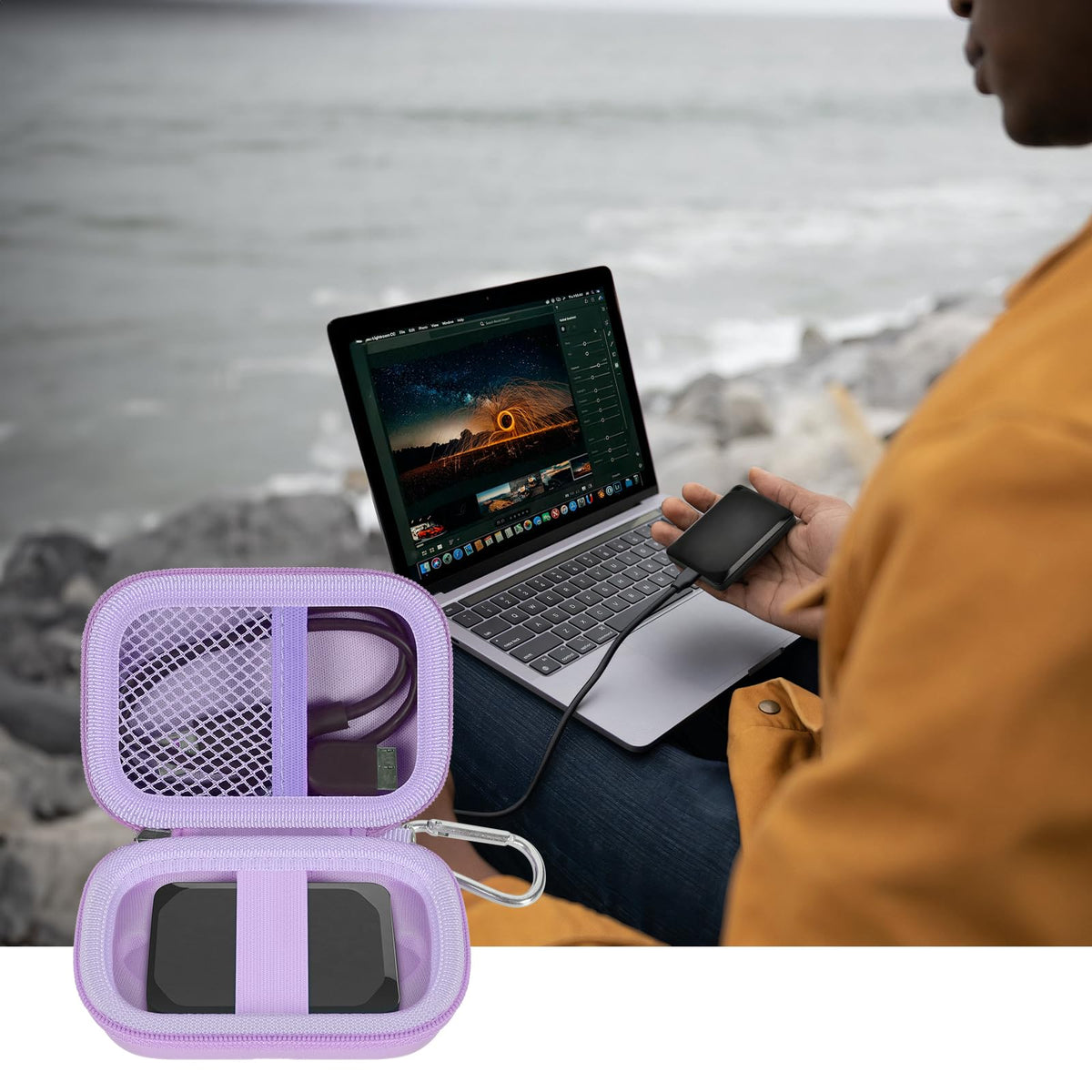 Open lavender SSD organizer beside a for Crucial portable drive connected to a laptop
