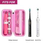 Open pink toothbrush case shown with compatible for Oral-B and for Philips Sonicare handles