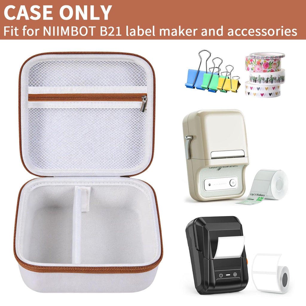 Open white and tan for NIIMBOT B21 and B1 label maker case with mesh pocket and divided interior; case only