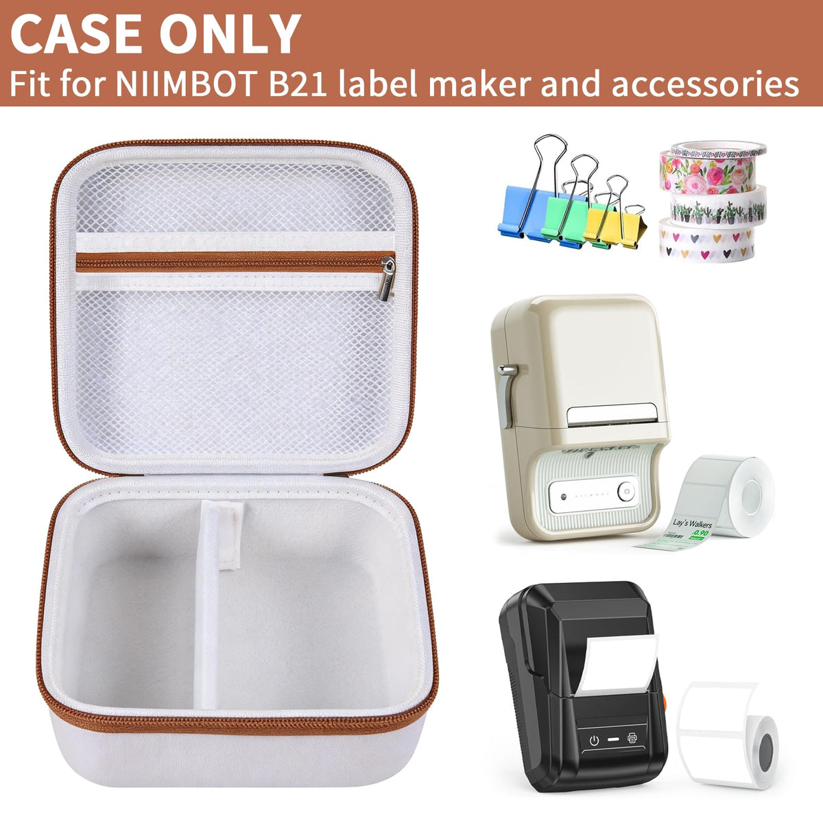 Open white and tan for NIIMBOT B21 and B1 label maker case with mesh pocket and divided interior; case only