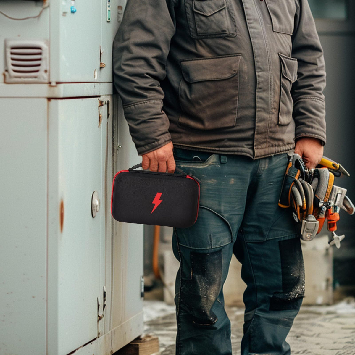 Technician carrying the black and red multimeter case by its top handle