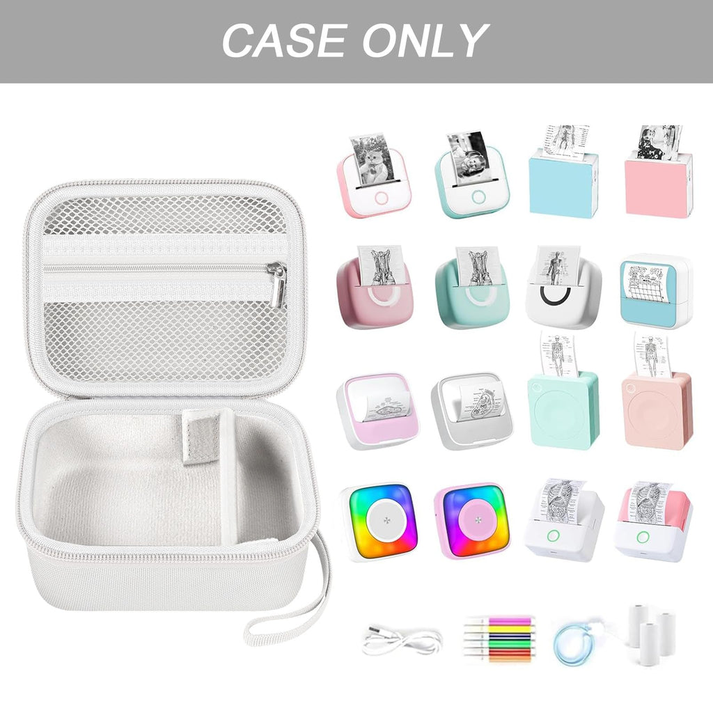 Open white mini label printer case shown with compatible for Memoking and for Phomemo printers; case only