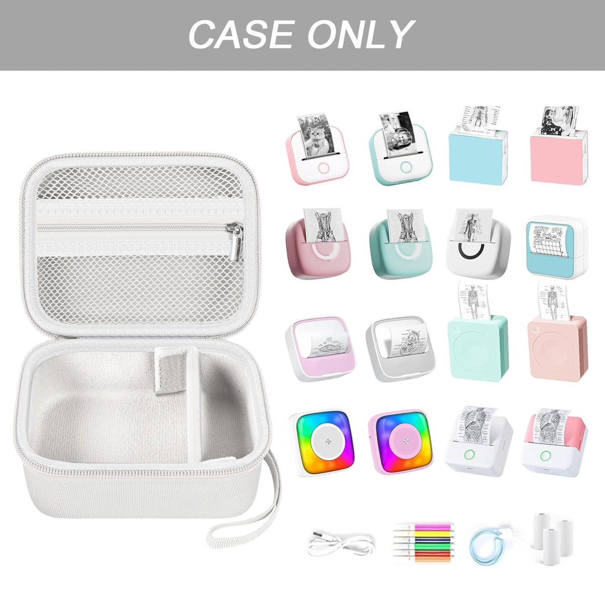 Open white mini label printer case shown with compatible for Memoking and for Phomemo printers; case only