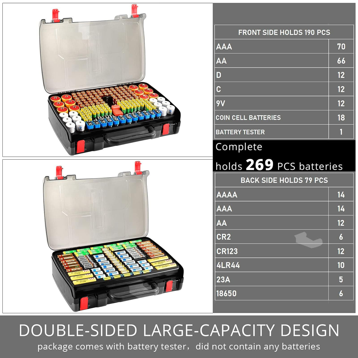 Black with red handle 269-slot battery organizer case capacity chart for 269 battery slots