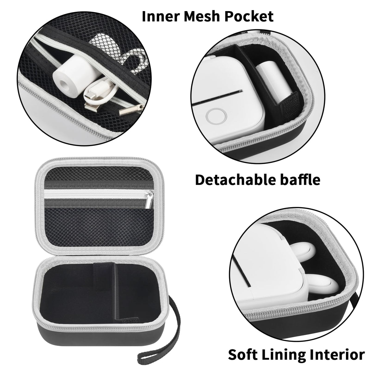 Black label maker case interior with mesh pocket, removable divider, and soft lining