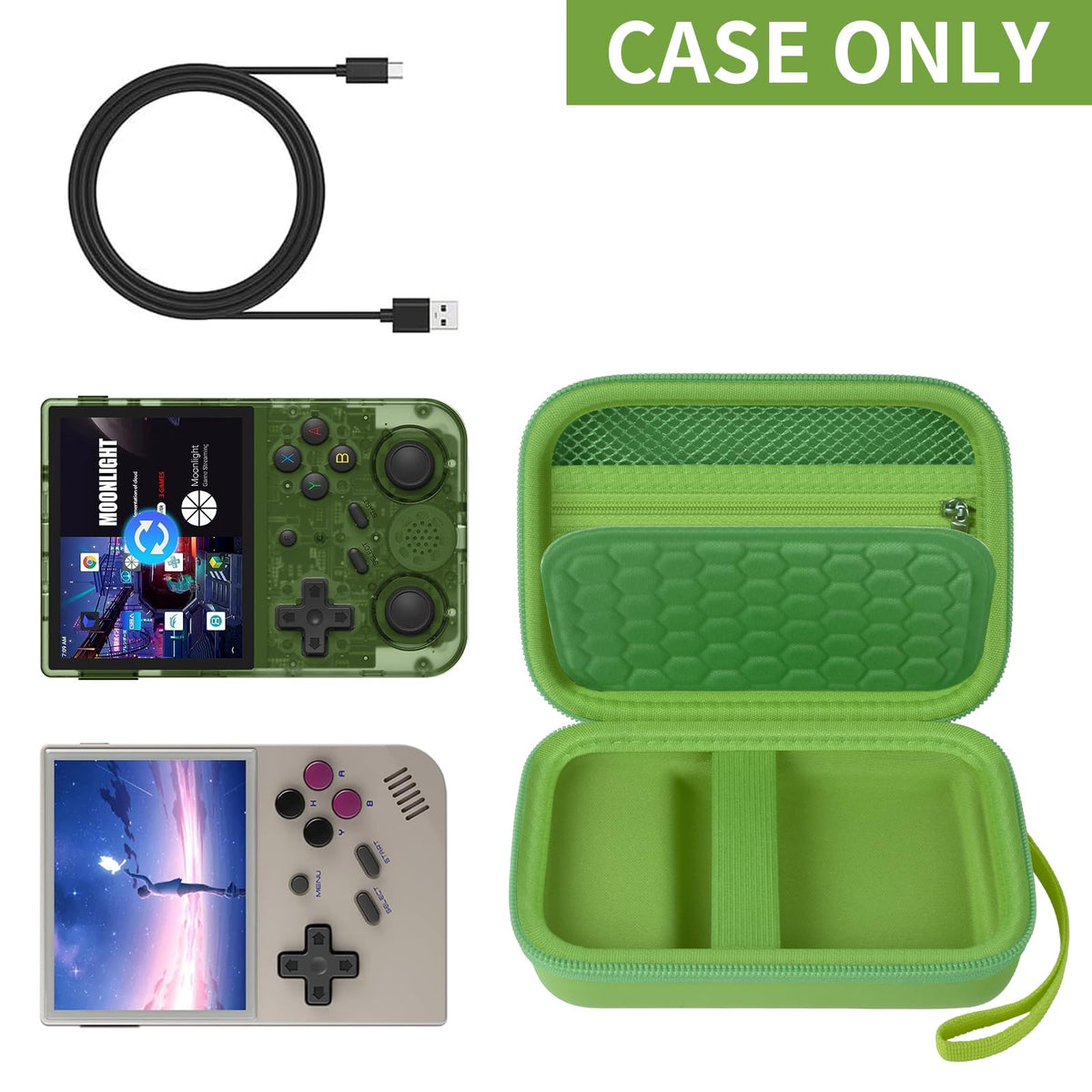 Green retro handheld console carrying case shown open with compatible retro handheld consoles and cable