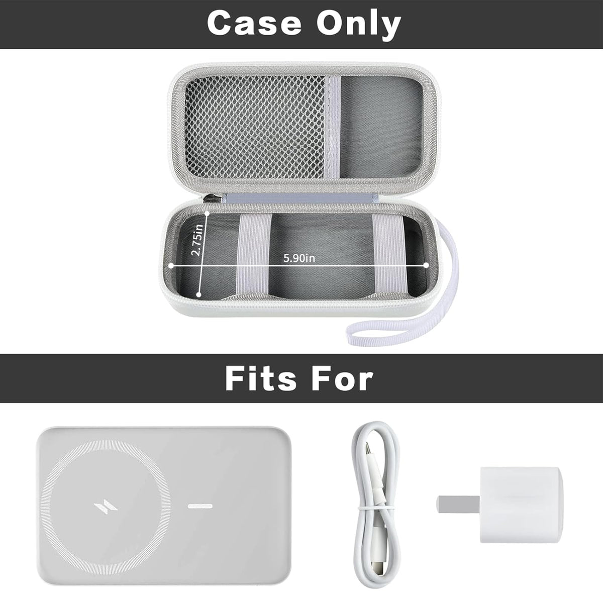 Open white for MagSafe power bank case with mesh pocket and elastic retaining straps; case only