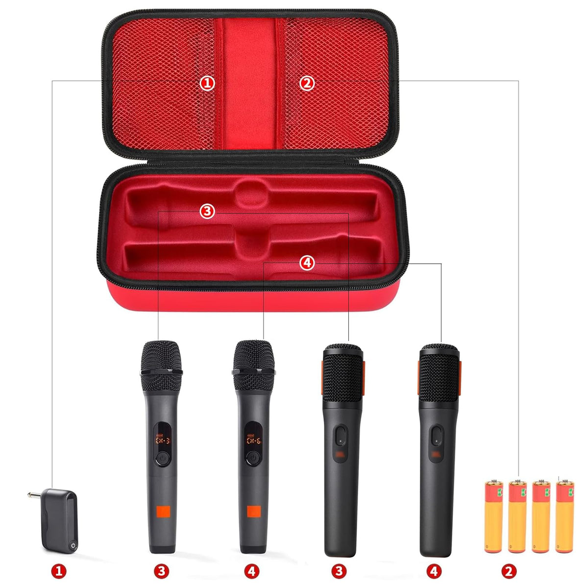 Open red for JBL PartyBox wireless microphone case with dual mic compartments and battery storage