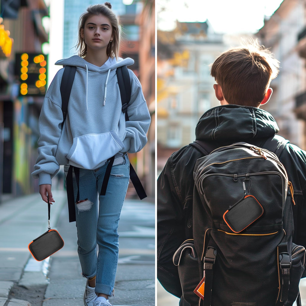 Black and orange for JBL Go speaker case carried by hand and attached to a backpack