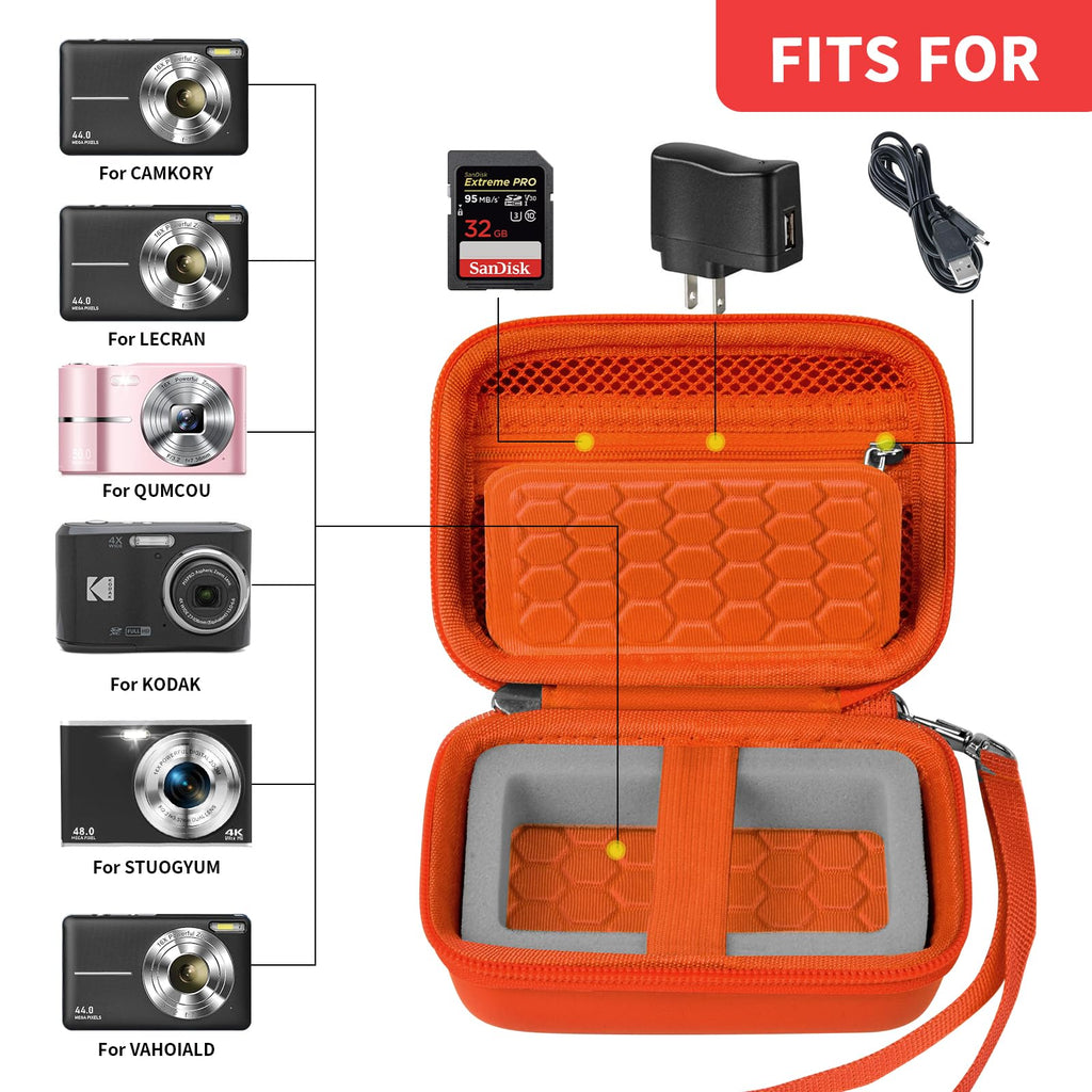Open orange compact camera case shown with compatible for Kodak, for Canon, and for Sony cameras