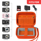 Open orange compact camera case shown with compatible for Kodak, for Canon, and for Sony cameras