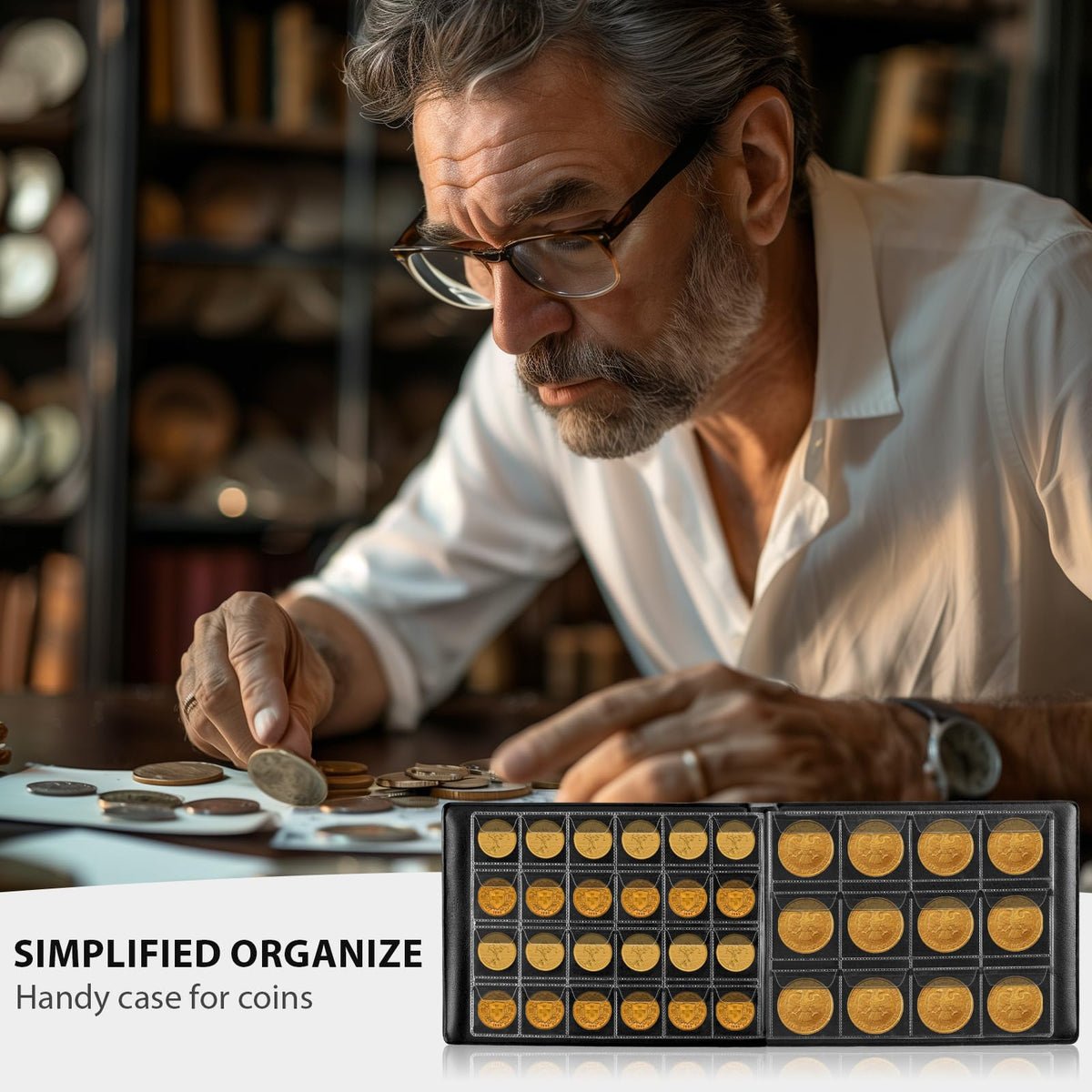 Coin collector organizing a mixed collection inside the black 300-pocket album