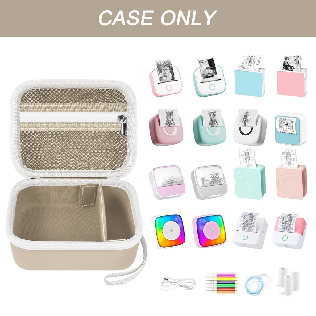 Open beige mini label printer case shown with compatible for Memoking and for Phomemo printers; case only
