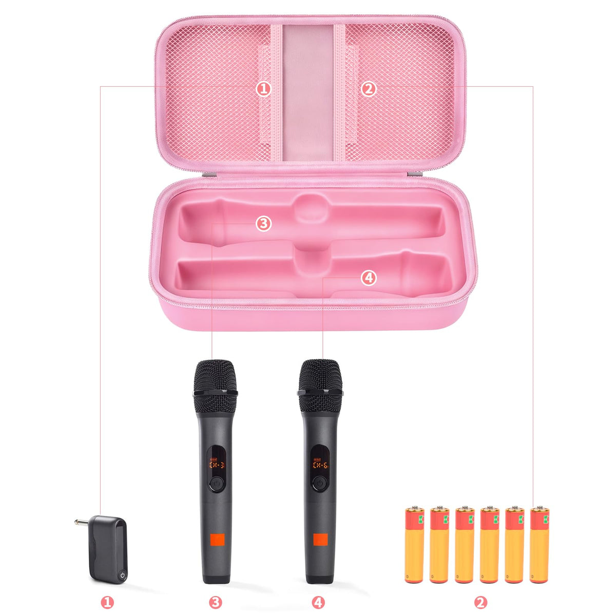 Open pink for JBL PartyBox wireless microphone case with dual mic compartments and battery storage