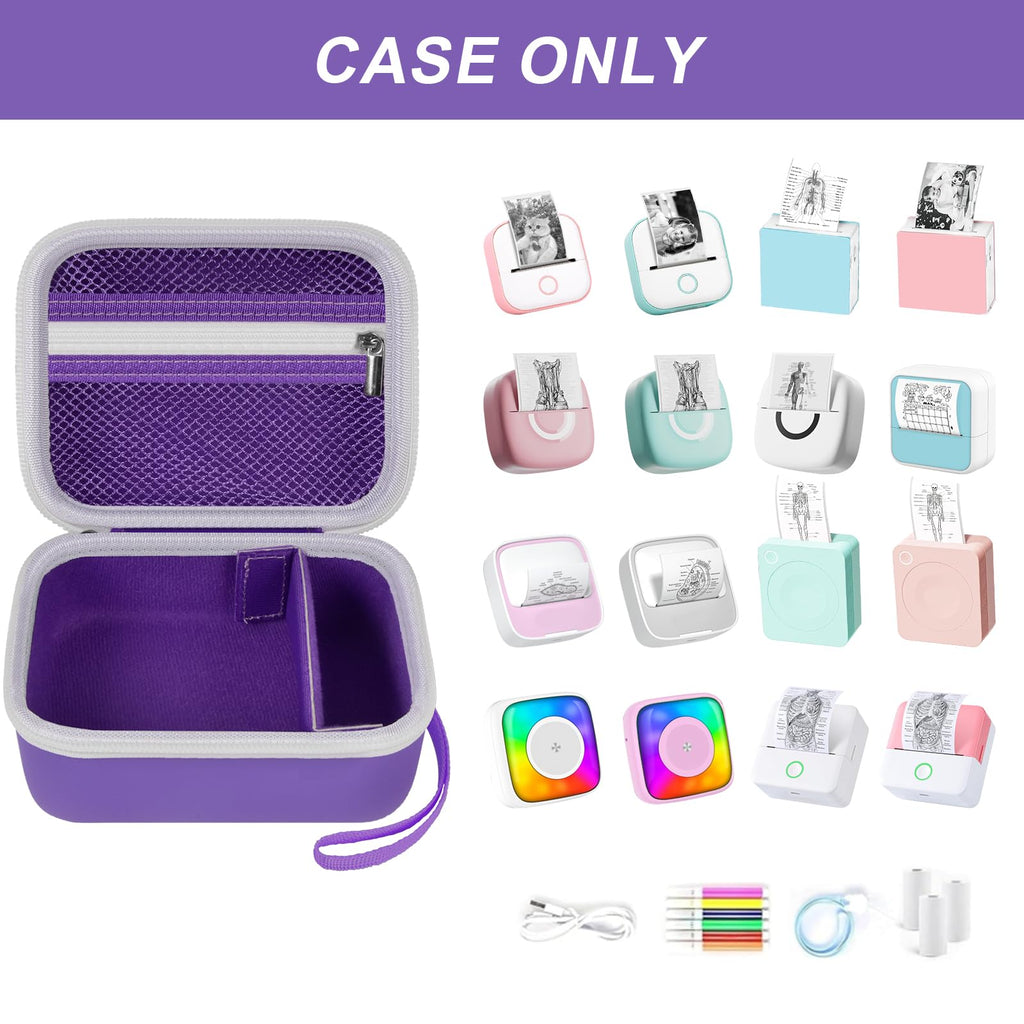 Open purple mini label printer case shown with compatible for Memoking and for Phomemo printers; case only