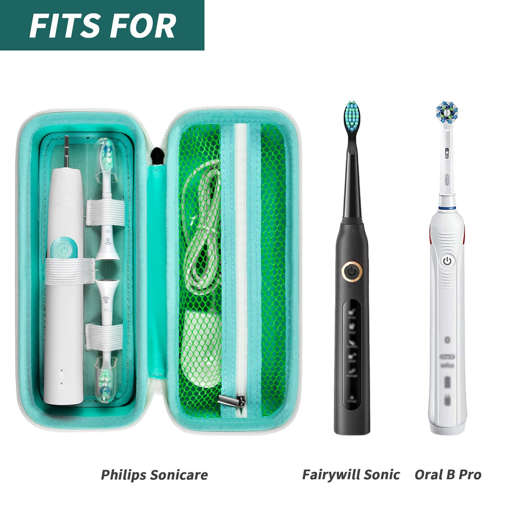 Open green toothbrush case shown with compatible for Oral-B and for Philips Sonicare handles