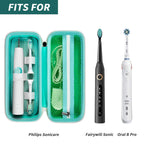 Open green toothbrush case shown with compatible for Oral-B and for Philips Sonicare handles