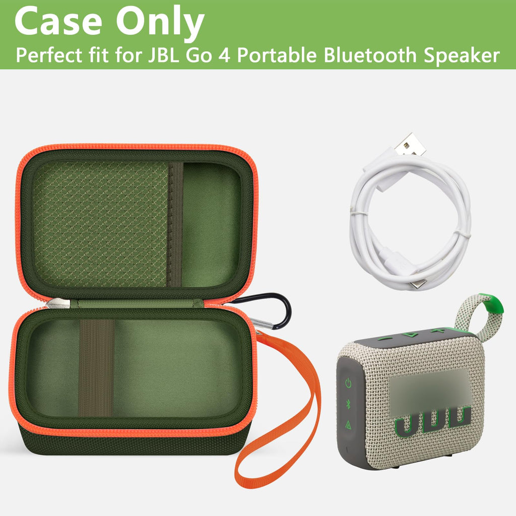 Open dark green and orange for JBL Go speaker case with mesh cable pocket and elastic retaining strap; case only