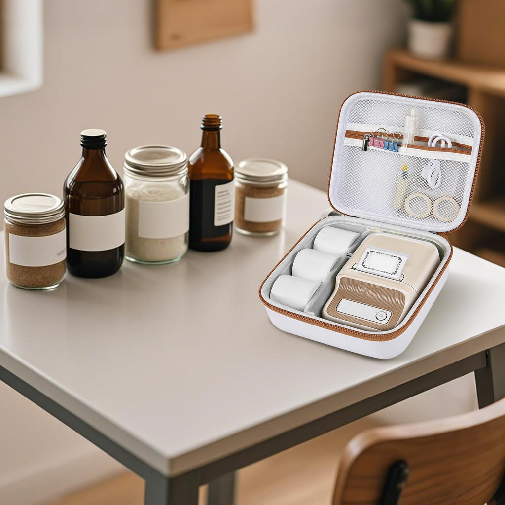 Open white and tan for NIIMBOT label maker organizer beside bottles and jars