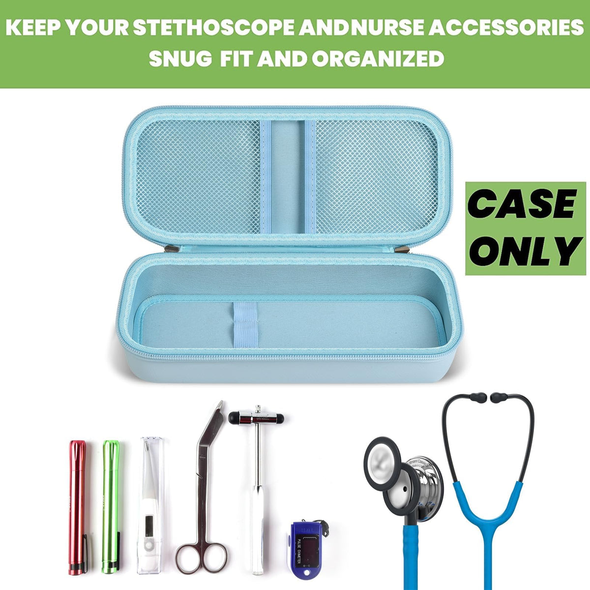Open light blue hard stethoscope case with organized compartments for medical accessories