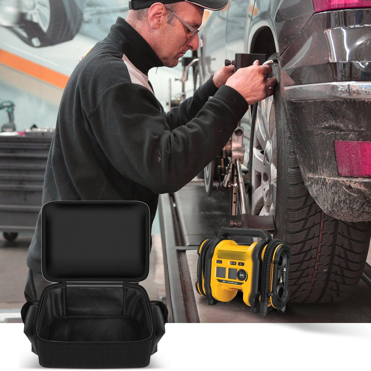 Black air compressor bag beside a for DEWALT tire inflator during vehicle tire maintenance