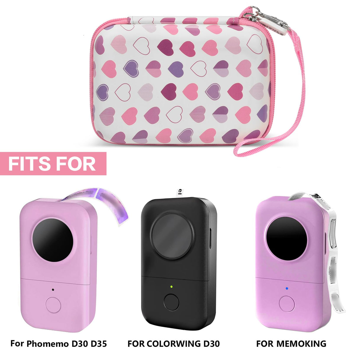 Heart-pattern case shown with compatible for Phomemo and for Memoking mini printers