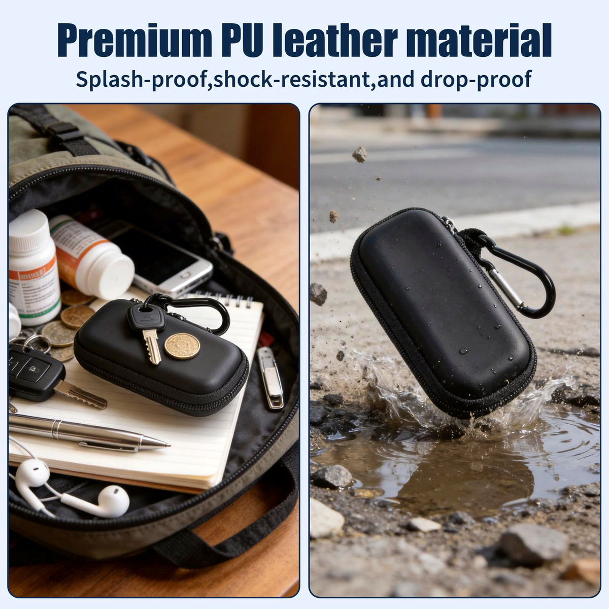 Black PU leather for KardiaMobile case demonstrating splash, shock, stain, and drop resistance
