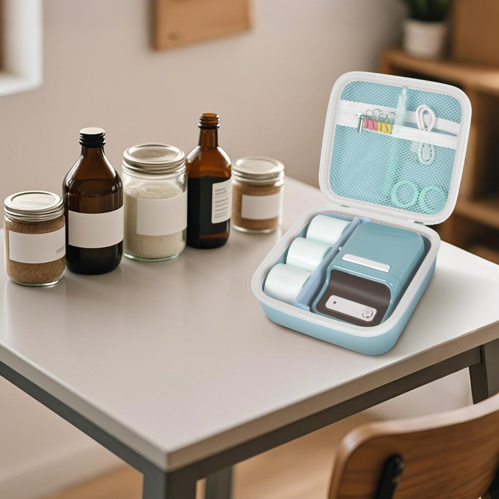Open light blue for NIIMBOT label maker organizer beside bottles and jars